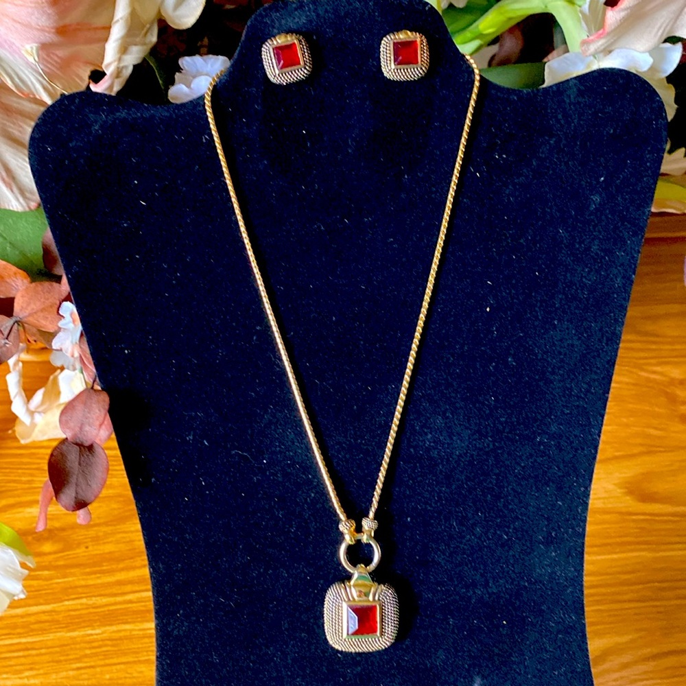 Like New Charter Club Gold Tone Metal Red Rhinestone Necklace and Earrings Set